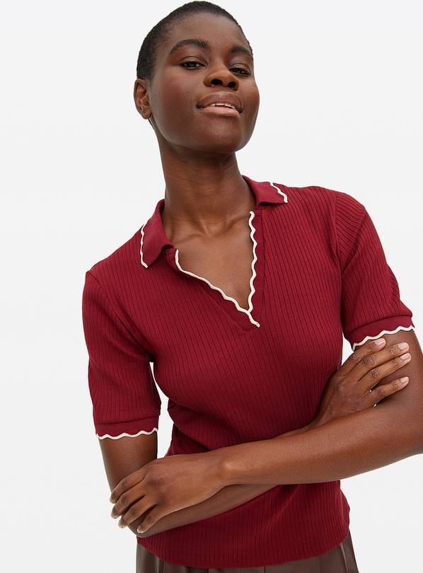 Dark Red Scallop Trim Contrast Polo Top 8